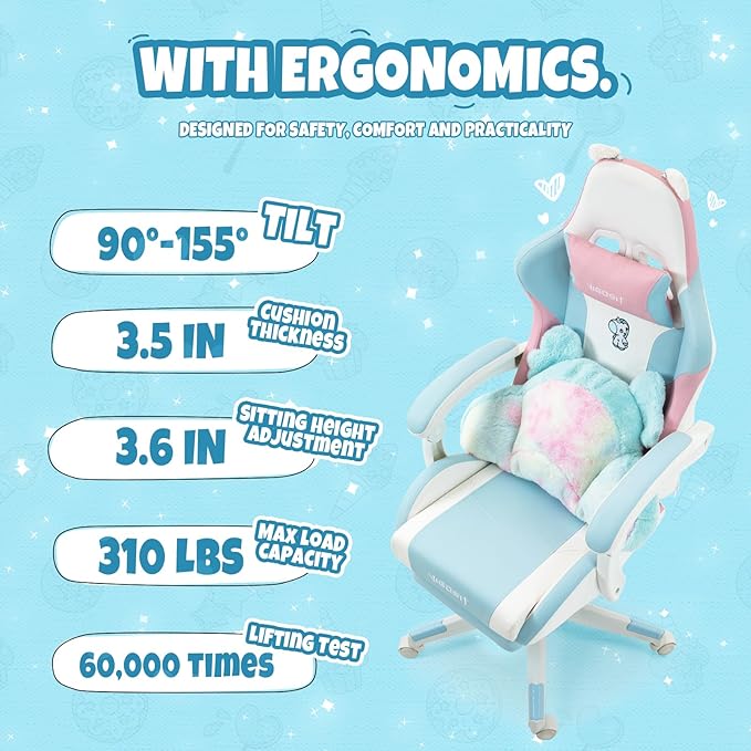 Cute Gaming Chair for Girl Ergonomic Cat Computer Chair with Armrests High Back Video Game Chairs with Footrest and Massage Lumbar Support for Teen &amp Woman Adjustable Height (Blue+Pink)