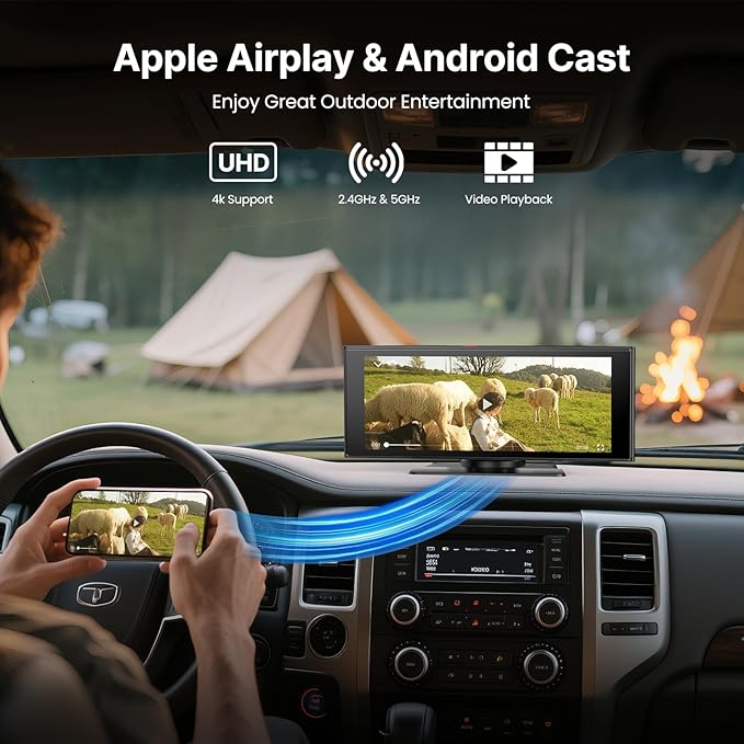 WonVon Wireless Car Play Screen 10.26'' Monitor with Apple Carplay &amp Android Auto 4K Dash Cam 64G 1080P Backup Camera Portable Smart Touch Tablet Stereo Multimedia Dashboard Bluetooth/FM/GPS/