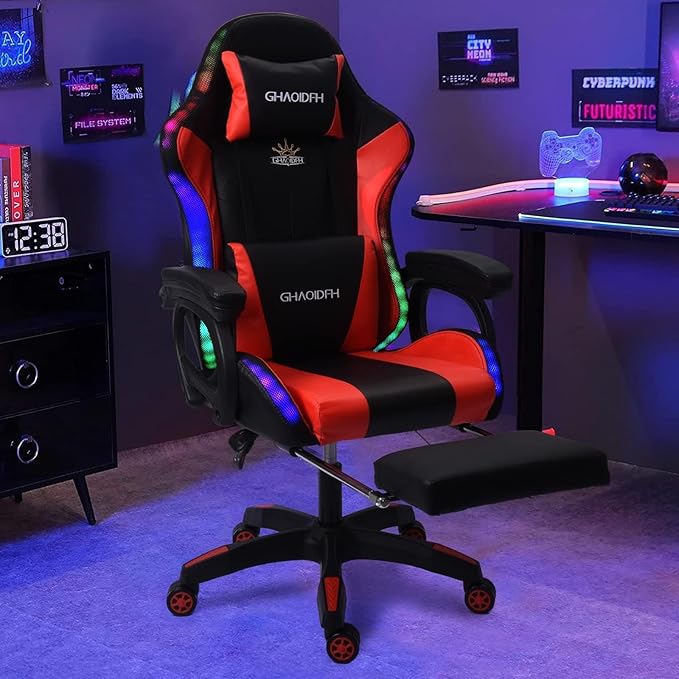 Video Gaming Chair with FootrestGame Chair with Bluetooth SpeakersComputer Chair with LED LightsErgonomic Massage Gaming Chair with Massage Function360°Swivel 90°-135° Adjustment Backrest (red)