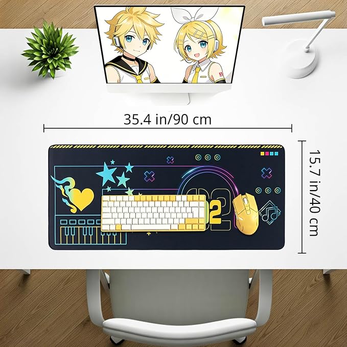 Mouse Mat Collaboration Series Kagamine Rin &amp Len 35.4x15.7 Inch Extended Gaming Desk Pad Non-Slip Rubber Base