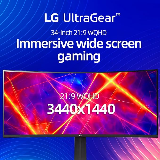 LG 34 Curved Ultragear Gaming Monitor QHD(3440x1440) 160Hz AMD FreeSync HDR10 sRGB 99% Built-in Speakers Multitasking and Content Creation DisplayPort &amp HDMI Tilt/Height Adjustable Stand