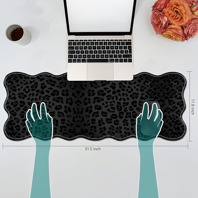 Black Leopard Print Desk Mat Mouse Pad 31.5 x11.8 XL Extended Mousepad Huge Mouse Pads with Stitched Edges Desk Pad for Work Game Office Home