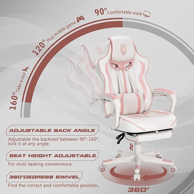 Vonesse Gaming Chair for Girls Pink Computer Gaming Chairs for Adults Reclining Gamer Chair with Footrest with Massage Ergonomic Home Office Chair High Back (White/Pink)