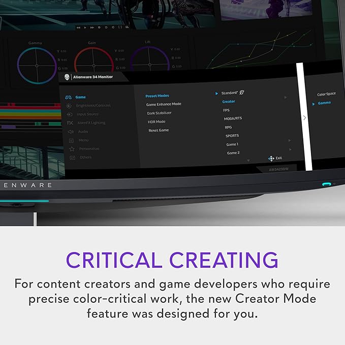 Alienware AW3423DW Curved Gaming Monitor 34.18 inch Quantom Dot-OLED 1800R Display 3440x1440 Pixels at 175Hz True 0.1ms Gray-to-Gray 1M:1 Contrast Ratio 1.07 Billions Colors - Lunar Light