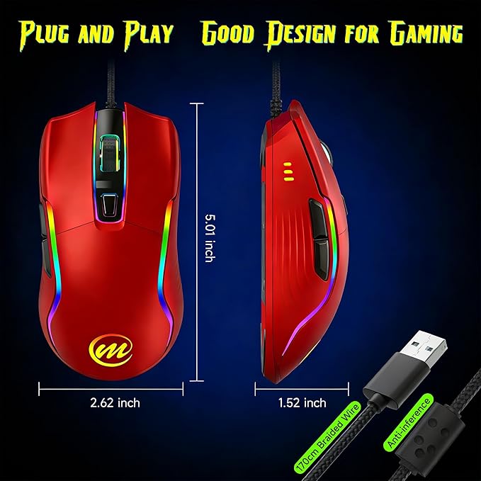 memzuoix Wired Gaming Mouse with RGB - 6 Adjustable DPI up to 12800 6 Buttons 12 Lighting Modes Ergonomic Design with Anti-Slip Rubber Wheel 5.6ft Braided Cable for PC/Mac/Windows - Red