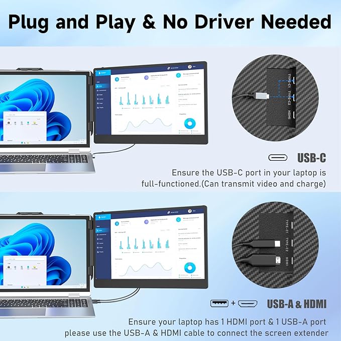 KEFEYA Laptop Screen Extender 14 Portable Monitor for Laptops 13-17 1080P FHD IPS Monitor Extender for Laptop with USB-C/HDMI Port Plug n Play for Windows/Chrome/Mac/Switch/PS5