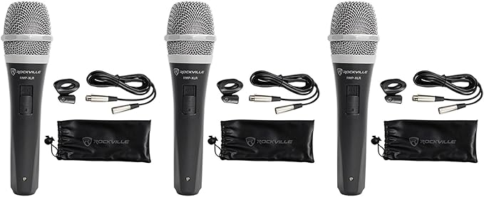 Rockville RMP-XLR Dynamic Super Cardioid Microphone 10ft XLR Cable Rugged Plastic Body Clear Sound M-06 Cartridge for Vocals and Instruments 3-Piece