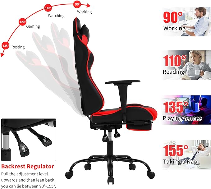 BLKMTY Gaming Chair Reclining Computer Chair with Footrest and Lumbar Support Height Adjustable Game Chairs with Swivel Seat and Headrest for Home Office or Gaming (Red)