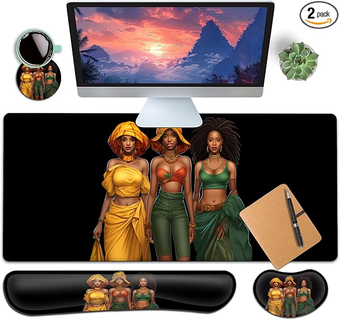 Large Gaming Mouse Pad+ Keyboard Wrist Rest Set Ergonomics Memory Foam Mouse Mat Wrist Rest Suppor Waterproof Extended Mousepad 31.5x11.8in African American Women Black Girl Desk Pad