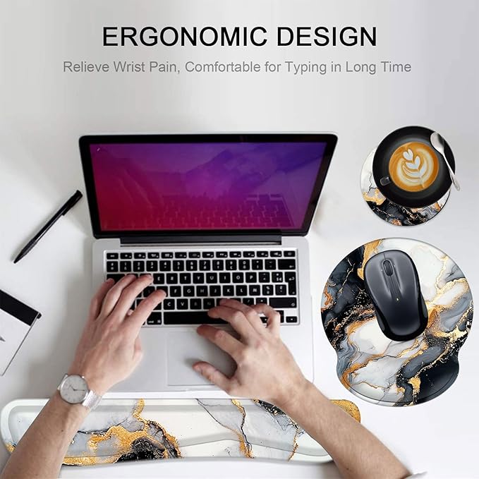 Keyboard Wrist Rest and Mouse Pad Wrist Support Set with CoastersNon-Slip PU Base Ergonomic Gaming Mousepad for Home Office Working Studying Easy Typing &amp Pain ReliefBlack Gold Marble