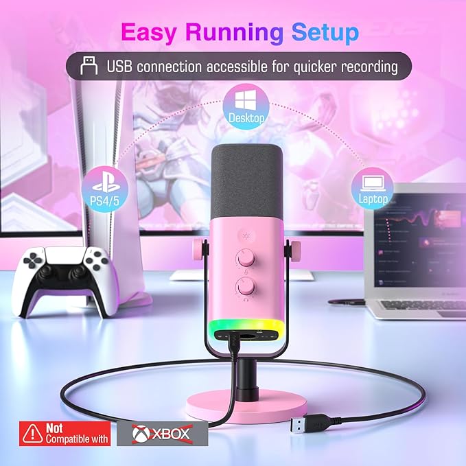 FIFINE XLR/USB Gaming Microphone with Boom Arm Streaming Dynamic Microphone with RGB Gain Knob Headphone Jack Adjustable Metal Mic Arm Stand for Recording Podcast-AM8P+CS1P