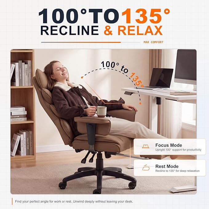 Dowinx Big and Tall Office Chair with Pocket Spring CushionHigh Back Computer Gaming Chairs with Adjustable ArmrestsExecutive Desk Chairs with Lumbar Support and FootrestPU Leather-Brown