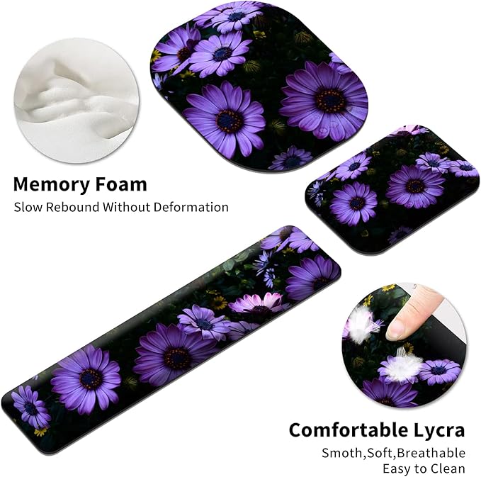 Keyboard Wrist Rest and Mouse Pad Set Keyboard Wrist Support + Small Mouse Pad + Elbow Arm Rest Pad + Coaster Ergonomic Memory Foam Wrist Rest for Computer Keyboard Purple Daisy Flowers