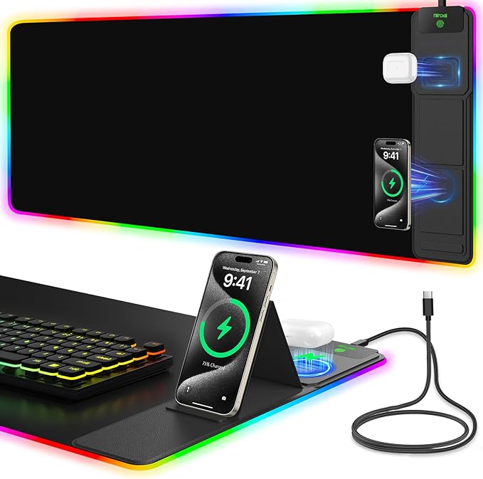 Mouse Pad with Foldable Phone Holder &amp Wireless Charger XXL RGB Gaming Mousepad 31.5x15.8 Large Desk Mat for Keyboard Black Desk Pad with Dual Qi Charging Station | 11 Colors 5 Modes | Waterpr
