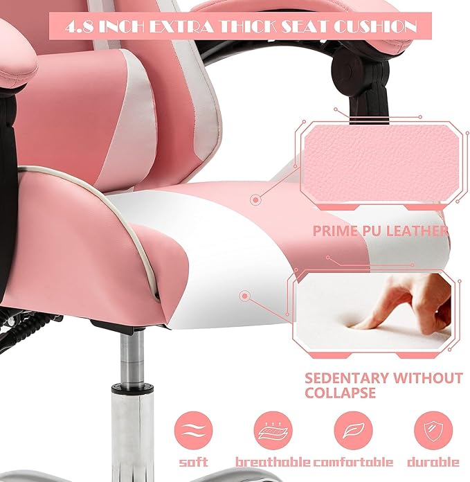 ALEAVIC Gaming Chair with Massager Fabric Gaming Chairs for Adults Ergonomic Gamer Chair with Adjustable Headrest and Lumbar Support Reclining Computer Game Chair High Back Pink White