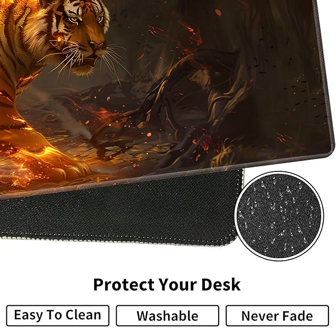 Large XXL Gaming Desk Mat 31.5x 11.8 Ergonomic Keyboard Wrist Rest &amp Mouse Pad Wrist Rest + Coaster Set Non-Slip Base Memory Foam Office and Home Fire Tiger