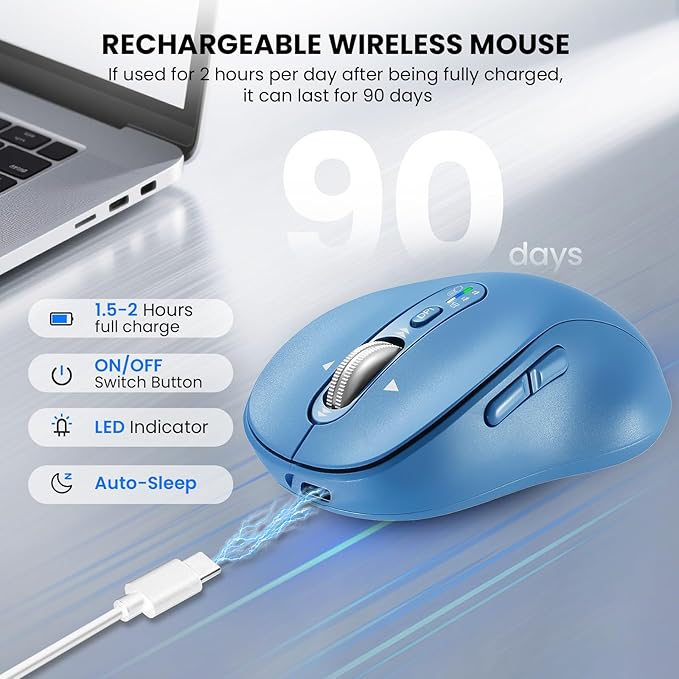 Wireless Bluetooth Mouse RechargeableUSB+BT×2Multi Device Quiet Ergo Computer MousesMetal 4-Way Super Scrolling± 3200 DPI10 ButtonPlug&ampPlayCordless Mice for LaptopTabletMaciPadPCPhone-