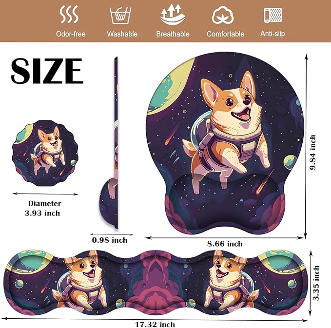 Keyboard Wrist Rest and Mouse Pad Wrist Support with Lace-Shaped Coaster Set Ergonomic Gel Memory Foam and Anti-Slip Base Easy Typing and Pain Relief - Space Corgis