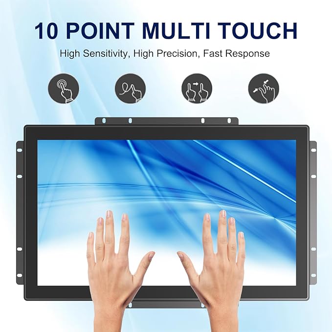 18.5 Inch Multi-Touch Industrial Touch Screen Monitor 1366x768 IP65 Waterproof IK08 Impact-Resistant Display with HD-MI VGA Port Open Frame Touch Monitor 16:9 Black