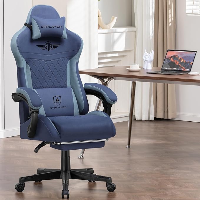 GTPLAYER Gaming Chair Video Game Chairs with Footrest and Lumbar Support Computer Chair for Adults with Extended Backrest Ergonomic Reclining Silla Gamer Fabric Dark Blue