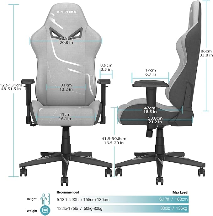 KARNOX Gaming Chair Ergonomic Computer Chair Lumbar Support Office Chair Adjustable Reclining Desk PC Chair with Armrest and Headrest for Adults Comfortable Racing ChairSilver Grey