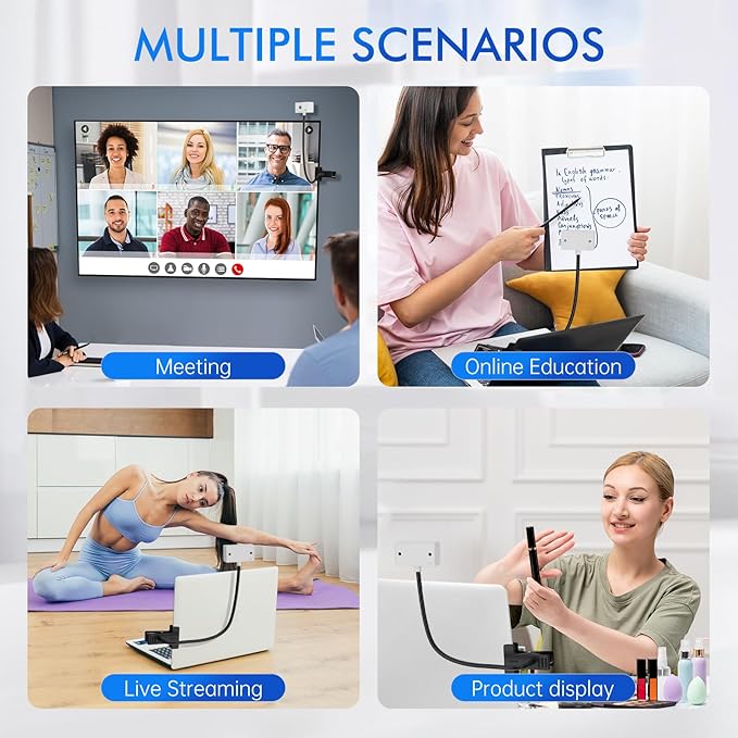 Webcam for PC Laptop Camera USB Webcam with Adjustable Gooseneck Flexible Positioning 1080P Computer Camera for Presentation Desktop Demo Full-Body View Video Call Zoom Teams Skype (White)
