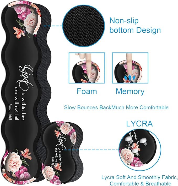 Large Mouse Pad with Wrist Support SetMemory Foam Keyboard Wrist Rest +XXL Extended Gaming Mouse Pad +Ergonomic Mouse Wrist Pad Peony Flower Psalm 46:5 Office Desk Pad for Women Men Gaming Mousepad