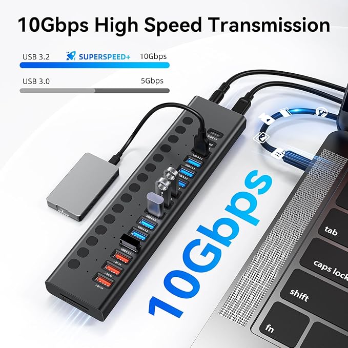 Powered USB Hub 10Gbps 17 Ports 96W USB 3.2 Hub(10 USB-A 3.2 Ports+3 QC 24W Fast Charging Ports+2 USB-C 3.2 Ports+SD/TF Card Reader) 12V/8A Power Adapter for Laptop PC Computer HDDFlash Drive