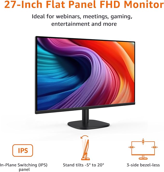 Amazon Basics 27 Inch Monitor FHD 1080P 100Hz IPS Built-in Speakers VESA Compatible USB Ports Black