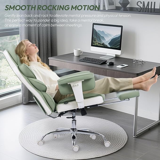 Dowinx Big and Tall Office Chair with Pocket Springs CushionHigh Back Computer Gaming Chairs with Adjustable ArmrestsExecutive Desk Chairs with Lumbar Support and FootrestPU Leather-Green