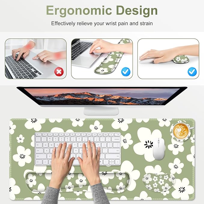 Large Gaming Mouse Pad Set 4 in1 Ergonomics Keyboard Desk Mat w/Memory Foam Wrist Rest Computer Extended Game Mousepad Non-Slip Desk Matt Pad Easy Typing Pain Relief I Green Lucky Florals