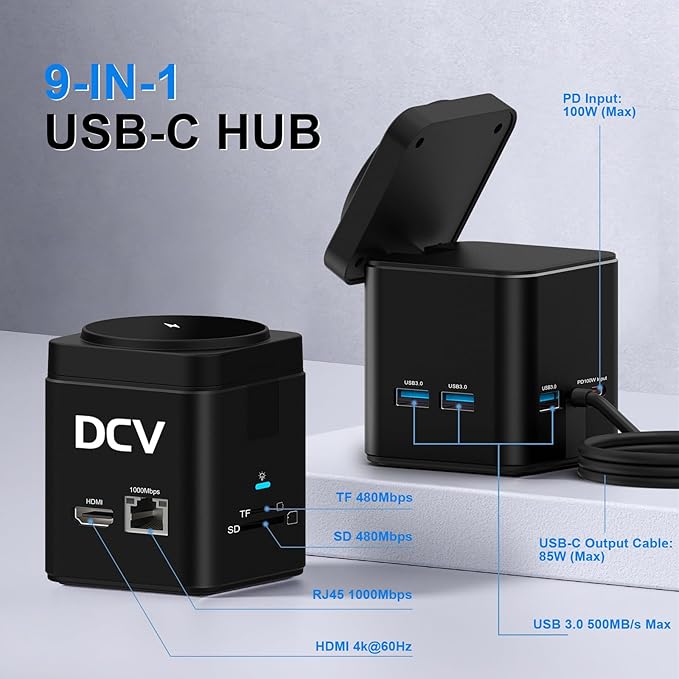 USB C Laptop Docking Station with MagSafe Charger Stand 9 in 1 USB C Hub Multiport Adapter with 4K HDMI 1Gbps Ethernet 3 USB 3.0 SD/TF Compatible with MacBook/Dell/HP/Lenovo/iPhone (Black)