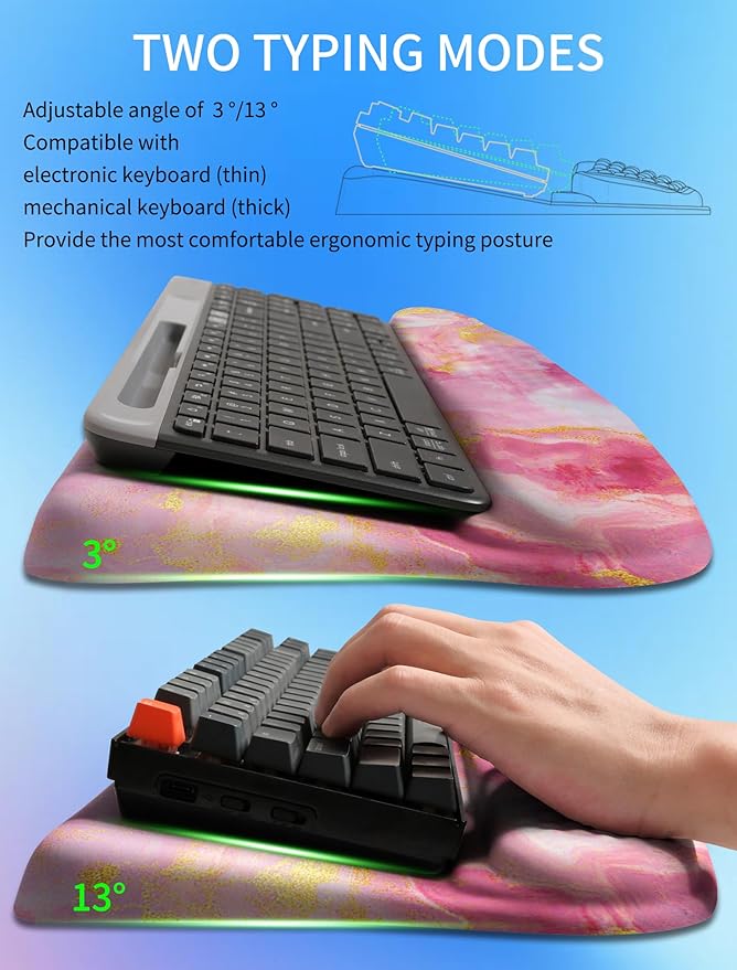 Ergonomic Wave Wrist Rest with Keyboard Stand Cushioned Palm Rest Comfortable Integrated Memory Foam for Natural Typing and Relieve Wrist Pain Pink Gold Marble