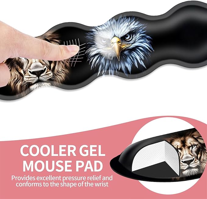 Large Gaming Mouse Pad Keyboard Wrist Rest Pad &amp Wrist Support Mousepad Set Stitched Edge Extended Non-Slip Base Memory Foam Desk Mat for Office HomeLion and Eagle Face Art