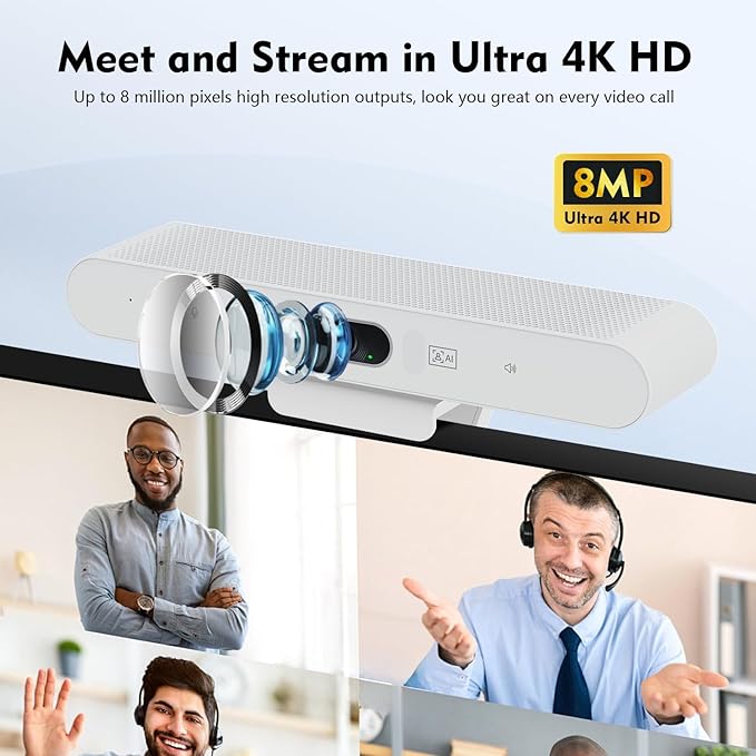 TOALLIN 4K Conference Room Webcam with Mic and Speaker AI Auto-Framing &amp Speaker-Tracking USB Video Bar All-in-One Video Conference Camera for Online Meetings Video Calls