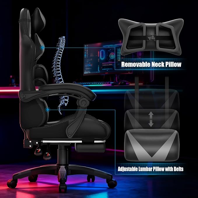 Gaming Chair RGB LED Lights Computer Chair with Footrest Lumbar Support Massager Gamer Chair High Back 90-135° Reclining Linkage Armrests Gray