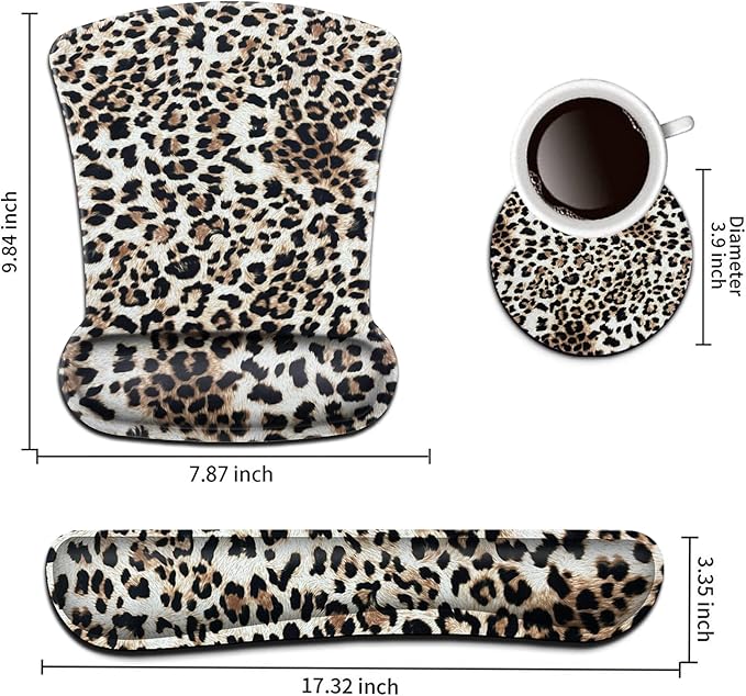 Keyboard Wrist Rest Pad and Ergonomic Mouse Pad Wrist Support Set Leopard for Gaming Office Comfortable and Pain Relief with Coaster Set