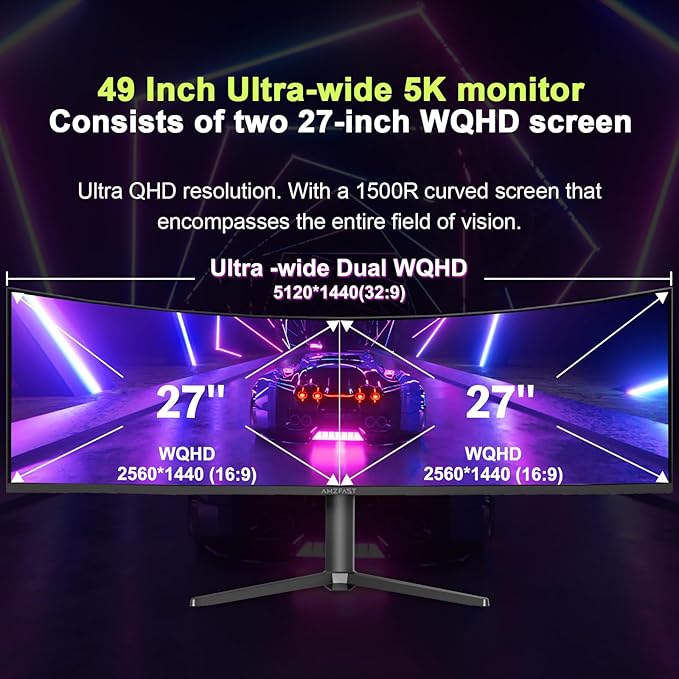 Amzfast 49 Inch Curved Monitor 120Hz DQHD 5120x1440p Ultrawide Gaming Monitor 120% sRGB 1500R 1ms MPRT HDR Adaptive Sync PIP/PBP Height Adjustable HDMI 2.0/DP 1.4 VESA 75x75 AMZG49C7U