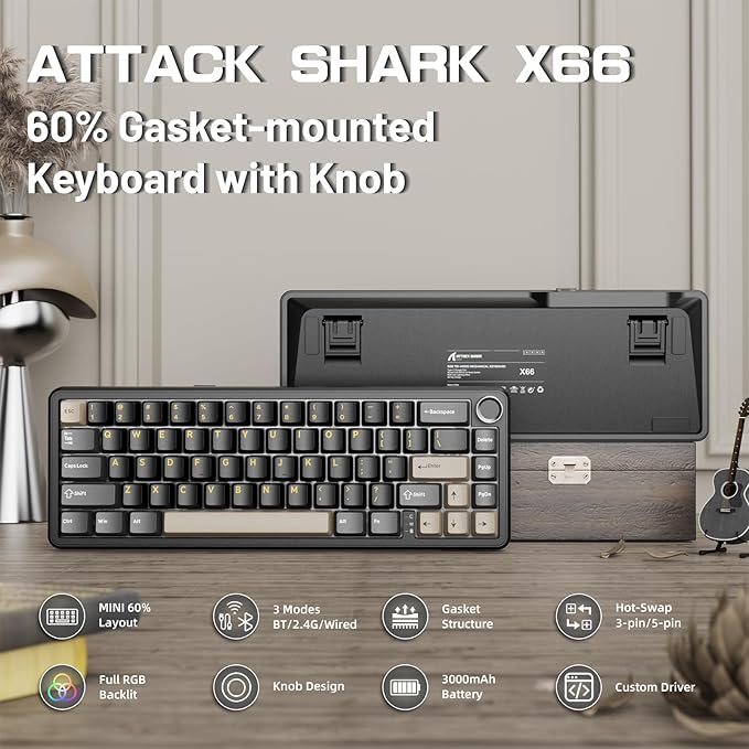 ATTACK SHARK X66 60% Wireless Mechanical Gaming Keyboard with Volume Knob Gasket Hot Swappable Custom Keyboard PBT Keycaps Tri-Mode USB-C/BT5.0/2.4G RGB with Coiled Cable - Star Black