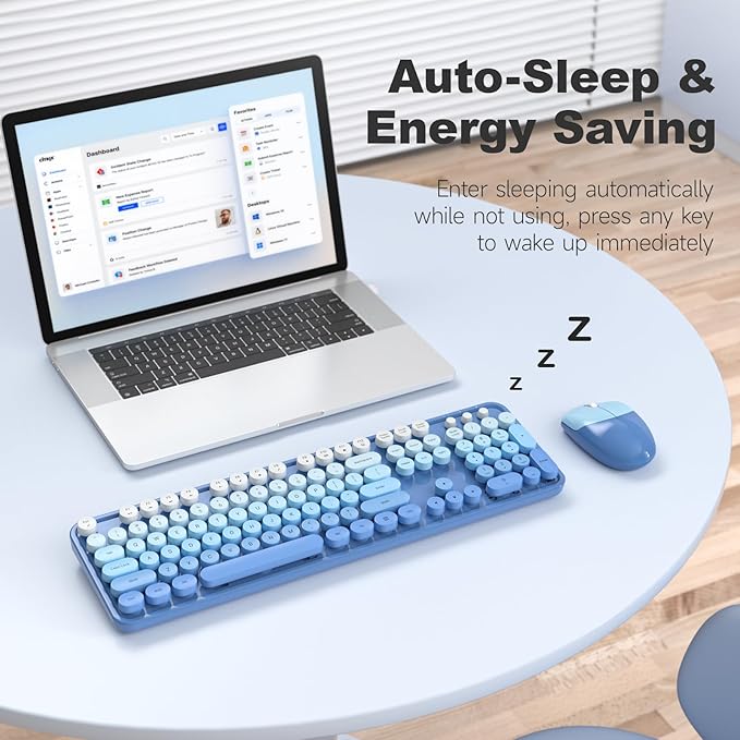 Wireless Keyboard and Mouse Combo MOWUX Full Size Typewriter Retro Round Computer Keyboard Cute Optical Mouse Wireless Plug and Play for Laptop PC Computer-Blue Gradient