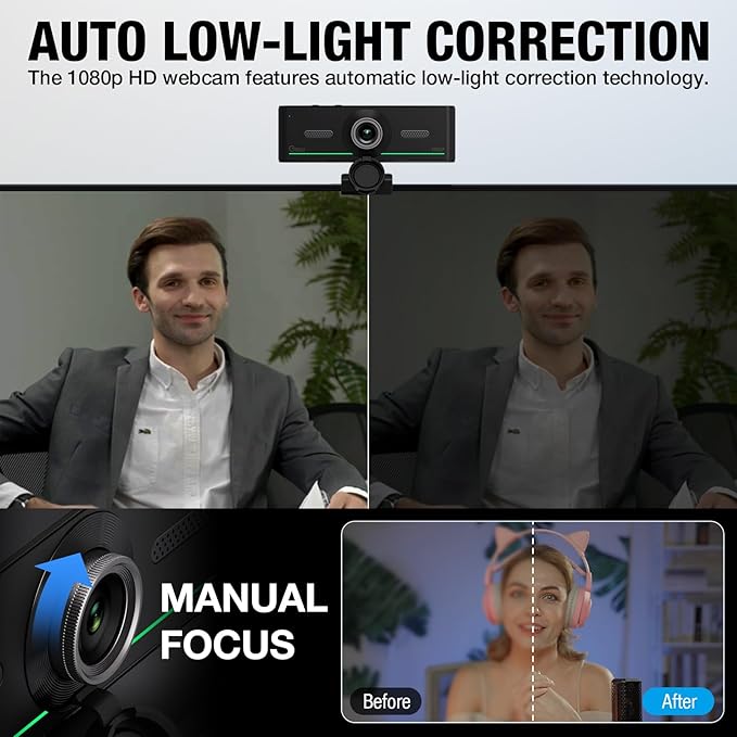Gsou 1080P Webcam with Mics Auto Light Correction USB Plug&ampPlay Privacy Cover Computer Webcam Connect Bluetooth Headset/Earphone/Speaker Full HD for Business Meetings &amp Live Streaming