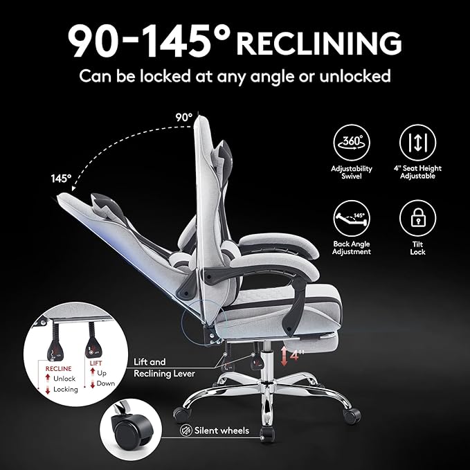 Gaming Chair Breathable FabricComputer Office Chair with FootrestMassage Lumbar Support and Gel PadErgonomic Reclining Adjustable Gamer Chair with Headrest and Spring Cushion Grey Black