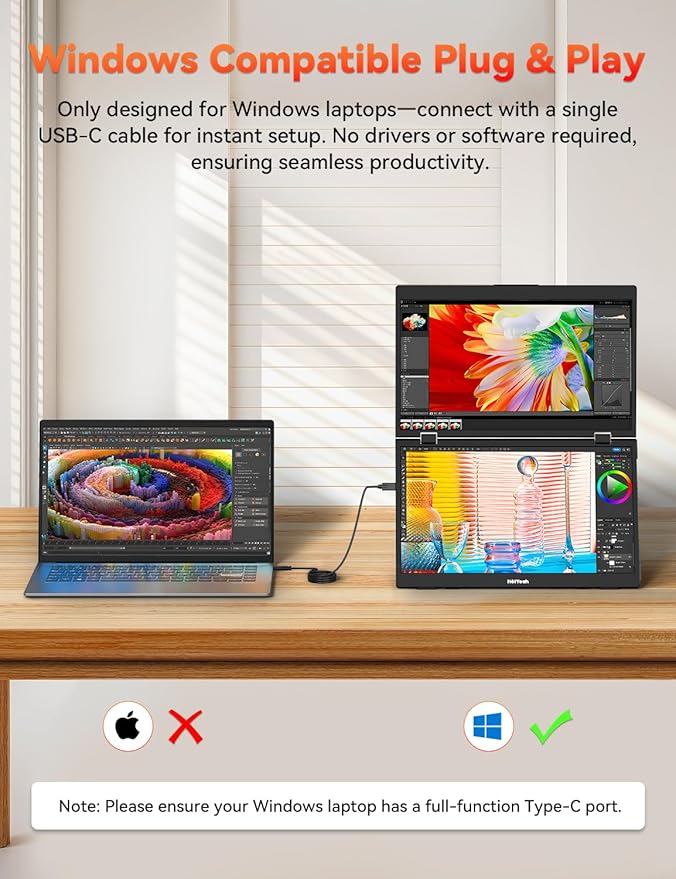 HotYeah Triple Laptop Screen Extender 15.6 1080P FHD IPS Folding Stacked Portable Dual Monitor USB C Travel Extended Computer Display w/VESA 180°Rotation Plug &amp Play for Laptops (Windows Only
