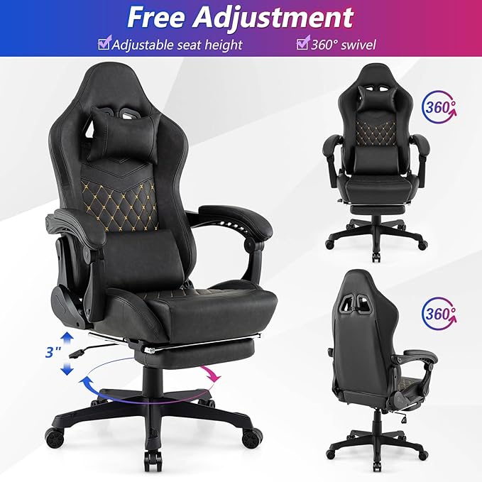 Giantex Gaming Chair High Back Video Game Chair with Footrest Headrest &amp Lumbar Support Ergonomic Computer Chair w/Rocking Function Height Adjustable Swivel Task Chair Black