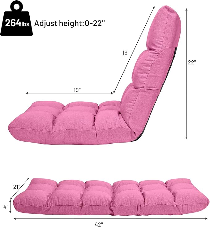 GORELAX Floor Chair with Back Support 14-Poistion Adjustable Folding Gaming Chair Recliner Meditation Chair with Steel Frame Padded Lazy Sofa Chair for Adults Kids (Pink)