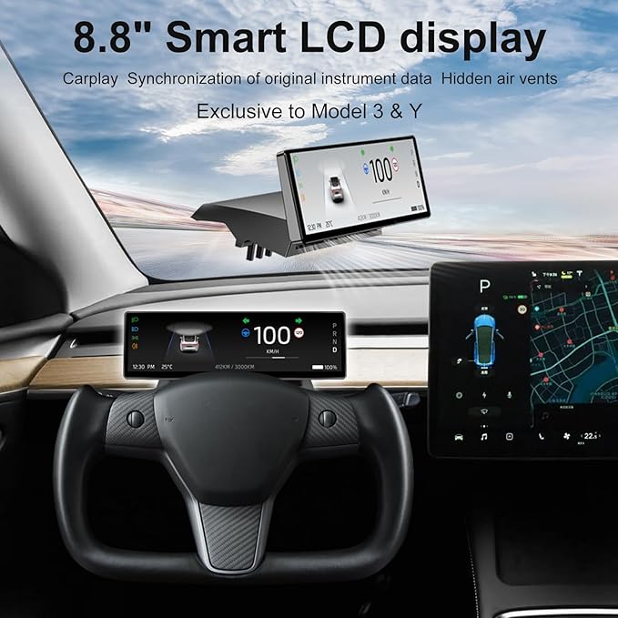 Head Up Display for Tesla Model 3 2017-2023 &amp Model Y 2019-20248.8 Touch Screen Instrument Cluster with CarPlay &amp Android Auto Real-Time Vehicle Info Display