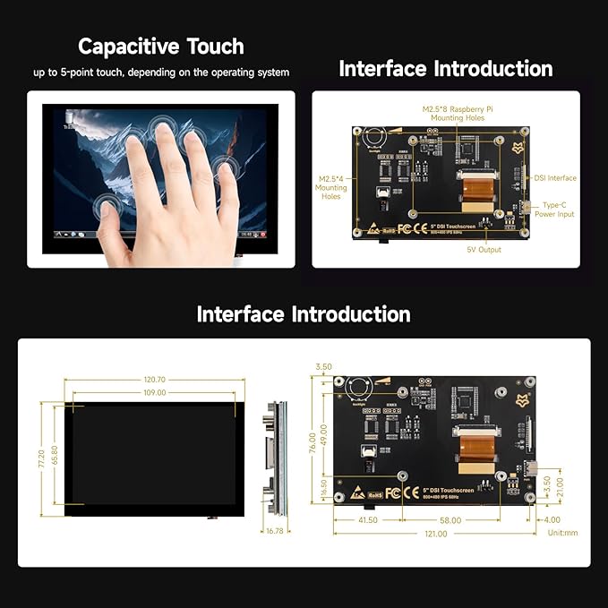 KLAYERS LUCKFOX DSI Display for Pi 5/4B/CM4/CM3 Support 3D Printing Capacitive Touch 800x480 Toughened Glass LCD Panel for Raspberry Pi 5