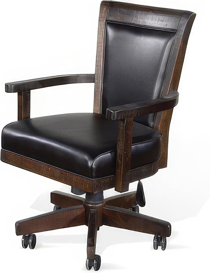 Benzara Flint Rolling Swivel Game Chair- Black Faux Leather- Dark Brown Wood