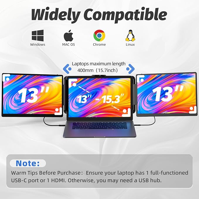 2K Laptop Screen Extender - 13 IPS 1440P Triple Screen Laptop Monitor Extender Plug &amp Play Multi Screen Attachment for 13-17 Laptops Compatible with Wins Mac Dex Chrome Travel Gaming Work