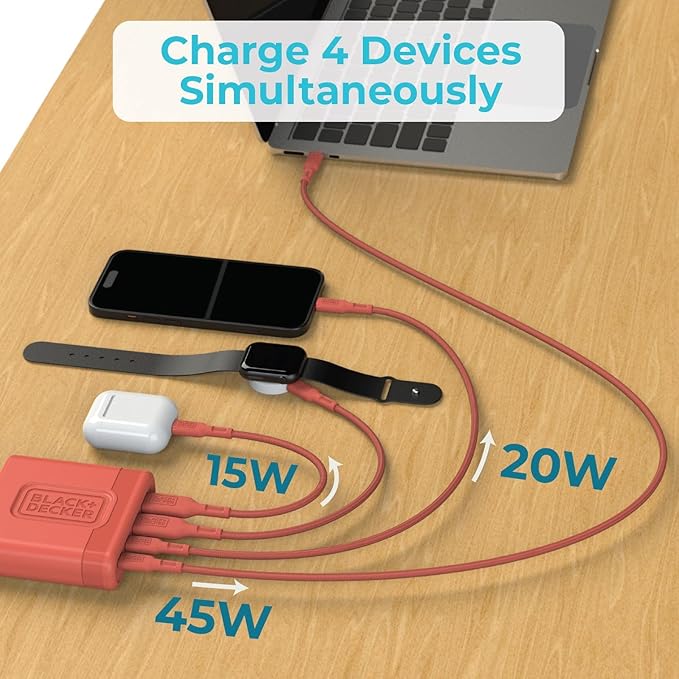 BLACK+DECKER USB C Fast Charger 65W 4 Port Type USB C Charging Station Hub Block TypeC Wall Charger Power Strip Adapter Plug 2 USBC 2 USBA for iPad iPhone 17 16 15 14 Pro Max Pixel Note Galaxy Coral